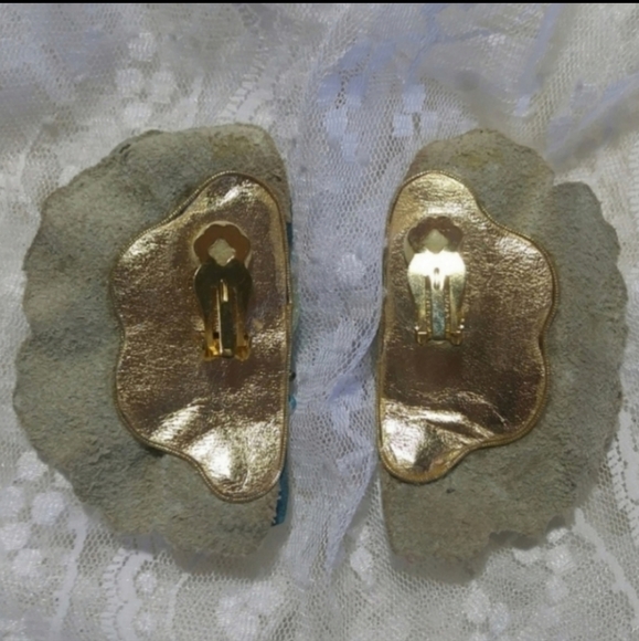Zee Vintage Earrings 1980s Clip Real Leather Faux Stones Turquoise OS - Picture 6 of 9
